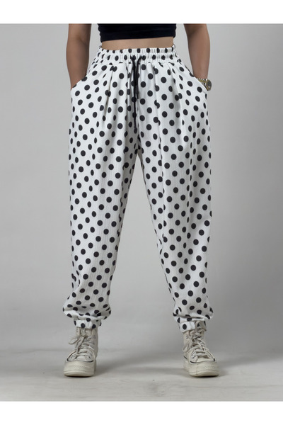 COCOPELLI White Polka Dot Women's Jogger Pants Coc3258