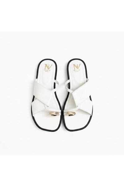 NE&VE SHOES White Leather Flip-Flops for Women with Accessory Detail