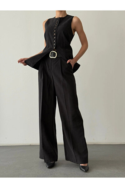 Myra Belted Black Palazzo Trousers