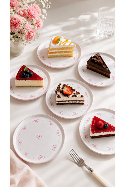 EvaniLife 6-Piece Pink Bow Model Ceramic Cake Plate Set Special Handmade Dess...