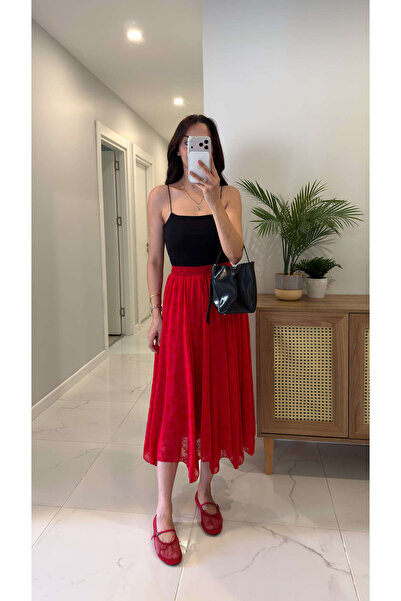 BİRCANÇİL Zillan Red Patterned Lined Skirt