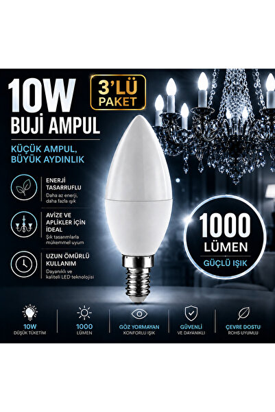 repplam 3'lü Paket 10W Buji Led Ampul Beyaz Işık İnce Duylu Ampul Avize Ampul...