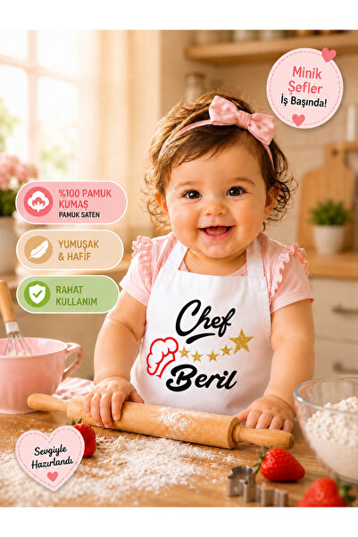Teknik Kişiye Özel İsim Baskılı Minik Şef Bebek Önlüğü Pamuk Saten Kumaş Gold...