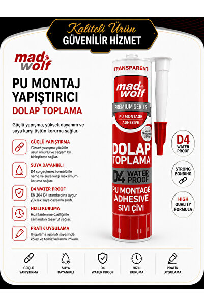 KARAPOLAT Mad Wolf D4 PU Montaj Yapıştırıcısı Şeffaf 280 ml Sıvı Çivi Dolap T...