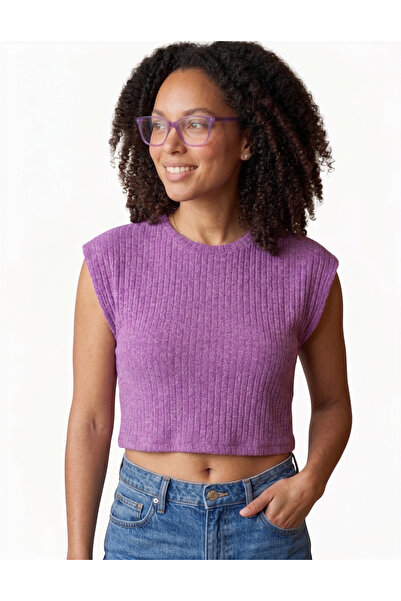 Güzelim Holly Mor Yuvarlak Yaka Crop Top