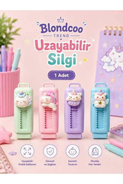 Blondcoo Trend Unicorn Figürlü Pastel Renkli Sürgülü İz Bırakmaz Okul Öğrenci...