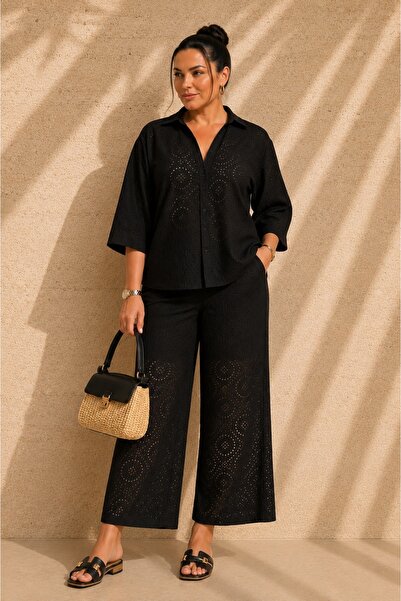 FOR ESRA BIG TREND Women's Plus Size Scallop Embroidered Half-Lined Shirt and...