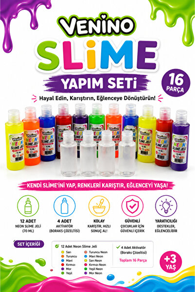 Venino Mega Slime Yapım Seti 12 Renk 70 ML Slime Jeli 4 Adet 70 ml Sıvı Boraks