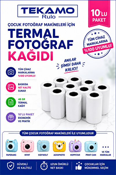 Tekamo Çocuk Fotoğraf Makinesi Kağıdı Tüm Mini Cihazlarla Uyumlu Rulo 10 Adet