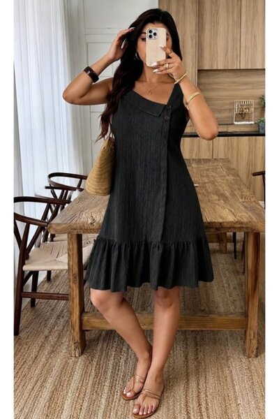 Veraura Lifestyle Women's Thick Strapped Asymmetrical Collar Crinkle Dress wi...