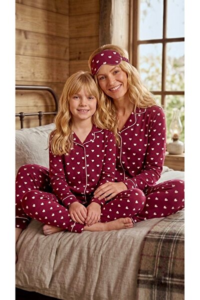 Enie Mother-Daughter Burgundy Cotton Heart Patterned Sleepwear Set with Sleep...