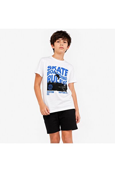 PALM PEANUTS Boys White Skateboarding Graphic T-Shirt with Black Cotton Short...