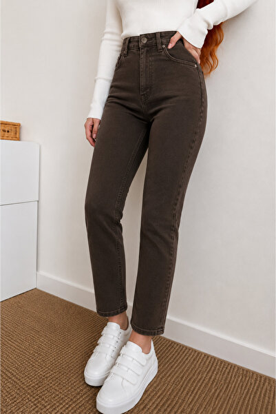 DELDNM Alley Kadın Kahverengi Yüksek Bel Trend Mom Jean