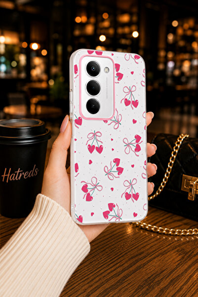Hatreds Redmi 15 Kamera Korumalı Şeffaf Desenli Klip Kılıf - Kalpli Kiraz
