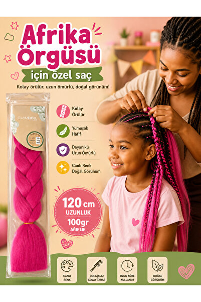 Rhea Company Premium Afrika Örgüsü Saçı 120 cm 100 gr - Canlı Pembe