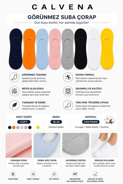 Calvena Women's 8 Pairs of Invisible Suba Ballerina Socks