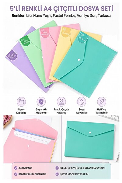 Artlantis Çıtçıtlı Dosya 5 Renk Pastel A4 1 Paket Dosy Plastik Renkli Zarf Do...