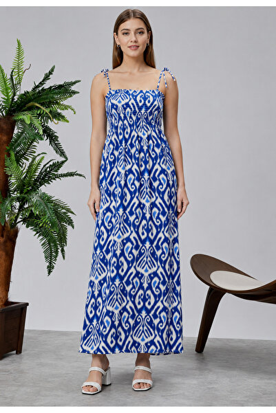 exxitcollection Patterned Cotton Long Summer Blue Patterned Women's Dress - S...