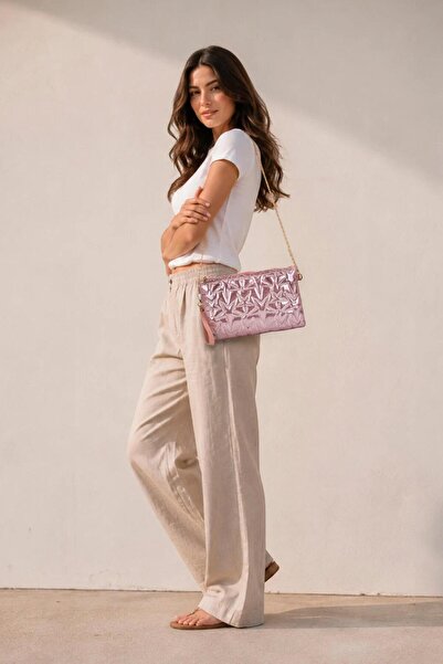 Morlex Silvery Pink Star Embossed Gold Zippered Chain Strap Women's Hand, Sho...