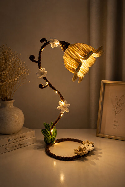 FlowerEver Sarmaşık Peri Lambası/Krem-Kahve Çiçekli El Yapımı LED Dekoratif M...