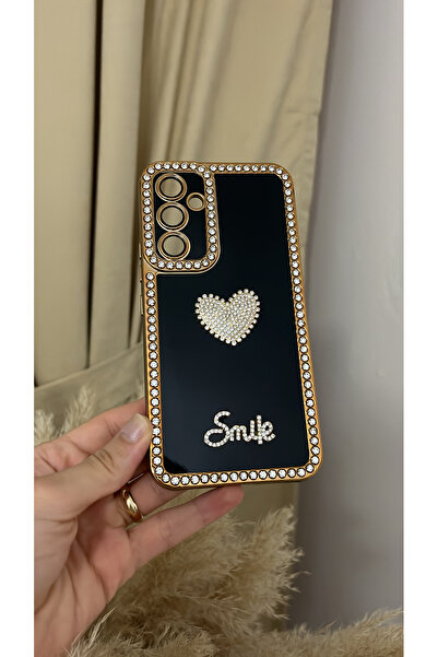 Samsung Galaxy A54 Uyumlu Smile Kalp Taşlı Lazer Kesim Silikon Kılıf