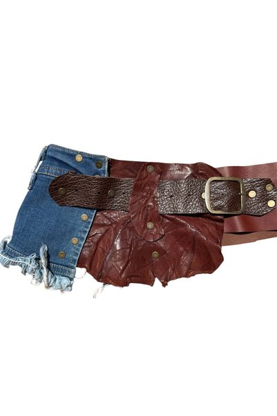 Yılday Gür Butik Meadow Denim Detailed Wrinkled Genuine Leather Belt - Handmade Bohemian Design