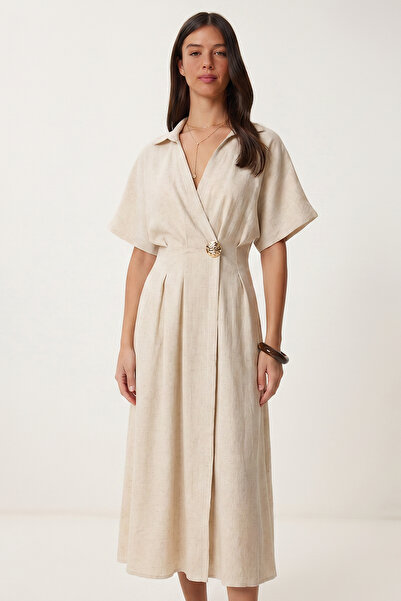 Lovelyİstanbul Summer Linen Beach Dress with Gold Accessories Lgx0017 Stone