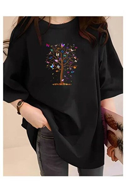 JANTIL MODA Crew Neck Butterfly Tree Printed Tunic T-Shirt Short Sleeve
