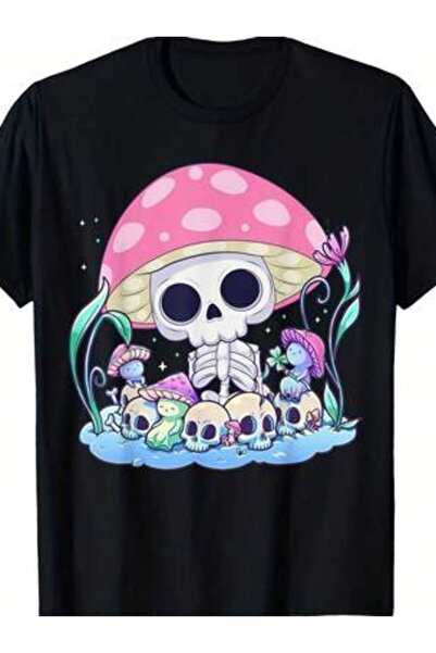799 Gothic Halloween T-Shirt Black With Pastel Pink Mushroom & Skulls All-Sea...