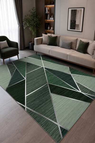 Qatalina Modern Geometrik Yeşil Kaymaz Taban Dijital Baskı Salon Oturma Odası...