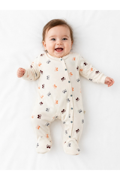 Mou&Kou Baby Girl Butterfly Patterned 100% Cotton Booties, Snap-On Romper and...