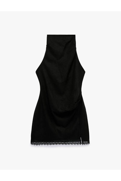 Koton Halter Neck Lace Detailed Linen and Viscose Blend Sleeveless Mini Dress
