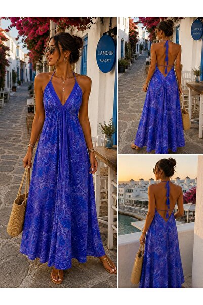 shop Kadın Saks Mavisi Şal Desenli %80 İpek Sırt Dekolteli Askılı Uzun Maxi Y...