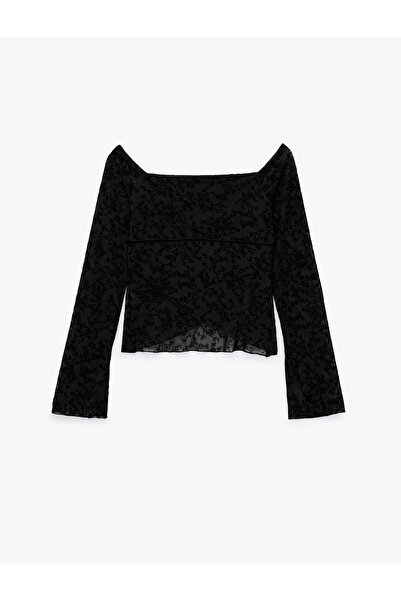 Koton Long Sleeve Off-Shoulder Asymmetrical Lace Embroidered Tulle T-Shirt
