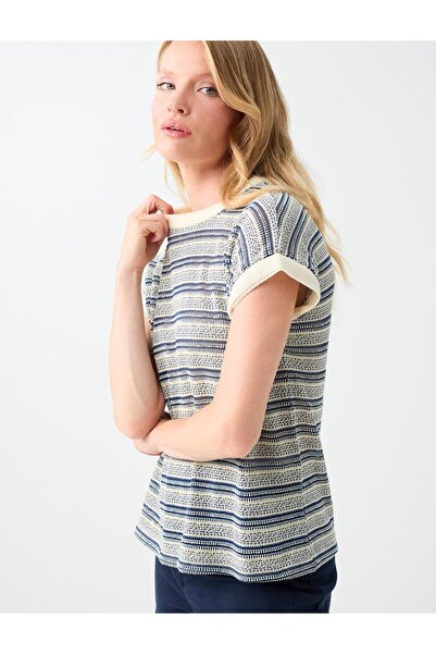 Jimmy Key Blue Crew Neck Off-Shoulder Patterned Blouse