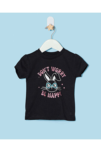 REDTAG Infant Girls Black Chest Print T-Shirt