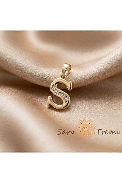 SaraTremo Pandantiv litera S cu zirconiu, placat cu aur de 14K în trei straturi