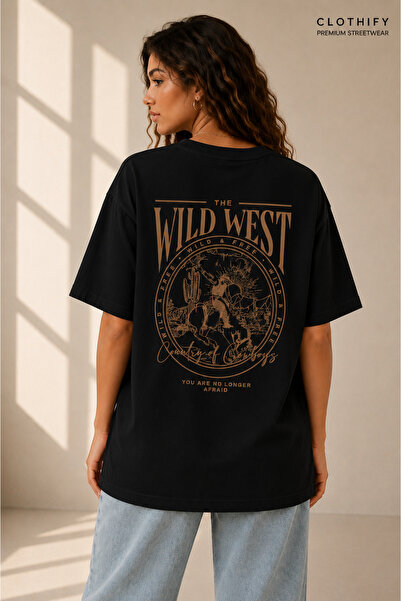 Clothify Unisex Oversize Wild West Printed Premium T-Shirt 100% Cotton Crew N...