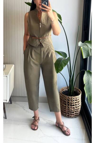 HAKİ KEMER DETAY BLUZ PANTOLON TAKIM