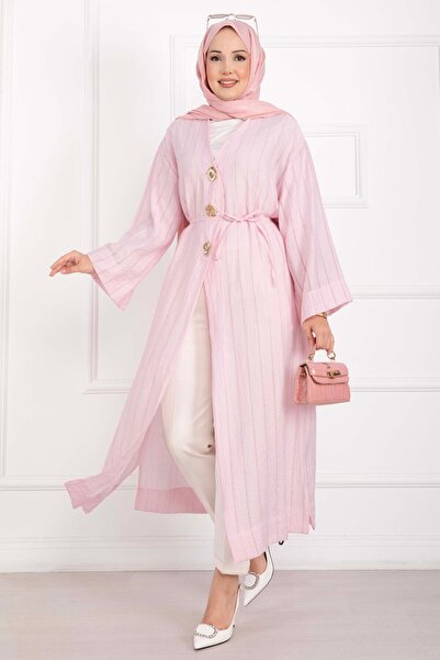 EBRUTESETTÜR Gold Düğmeli Bağcıklı Uzun Kimono Pembe