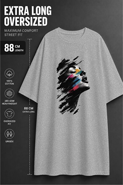 classy moda Unisex Oversized Extra Long Colorful Paint Effect Face Printed T-...