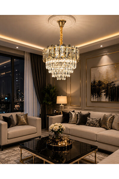 Led YENİ MODEL 40 CM KRİSTAL LÜX SALON AVİZE GOLD RENK İTHAL KASA