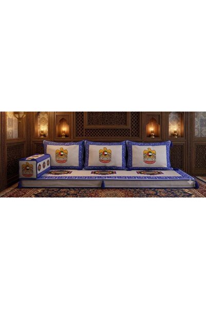 Xboat Arabic Majlis Floor Sofa Set with UAE Emblem, Blue and White | Traditio...