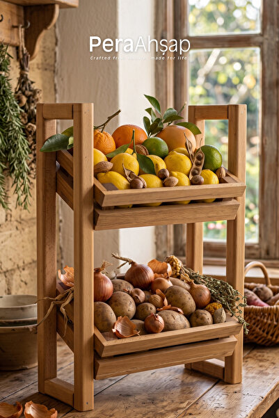 PeraWooden Pera Wooden Market 2 Katlı Ahşap Sebzelik Meyvelik Mutfak Organizer