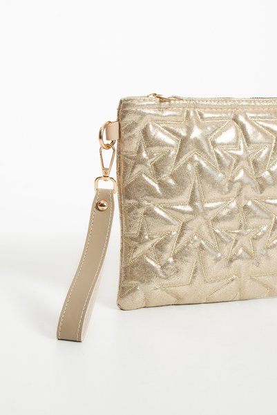 LUNABLU Star Embroidered Portfolio Handbag with Chain and Wrist Strap, Satin Lined Clutch Bag