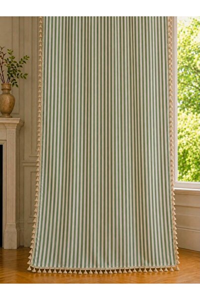 Luxoras Home Çizgili Yeşil Keten Püsküllü Vintage Fon Perde - Kornişli, %100 ...