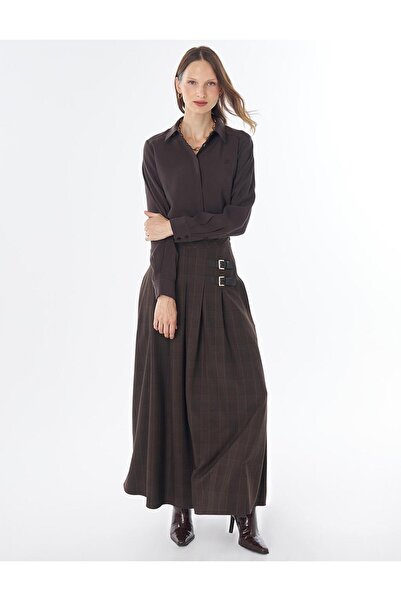 Kayra Metal Buckle Plaid Pattern Skirt Dark Brown