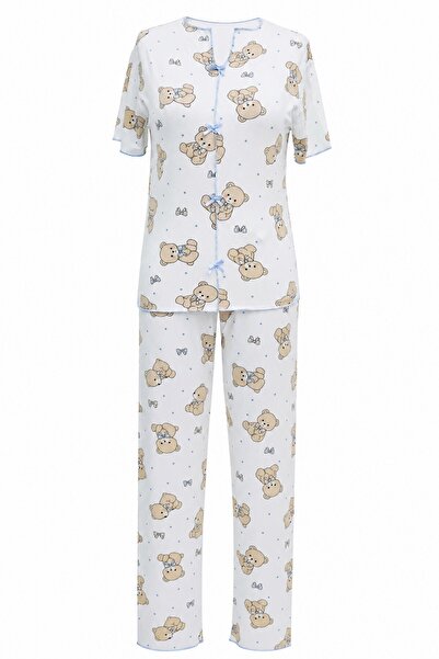 Modamorfo Mixed Figure Patterned V-Neck Short Sleeve Combed Cotton Pajama Set...