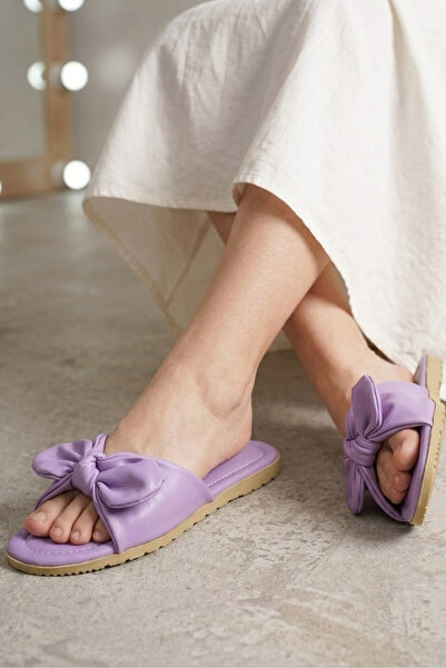 TOFİSA Women's Lilac Bow Detailed Slippers - 28714-Lila