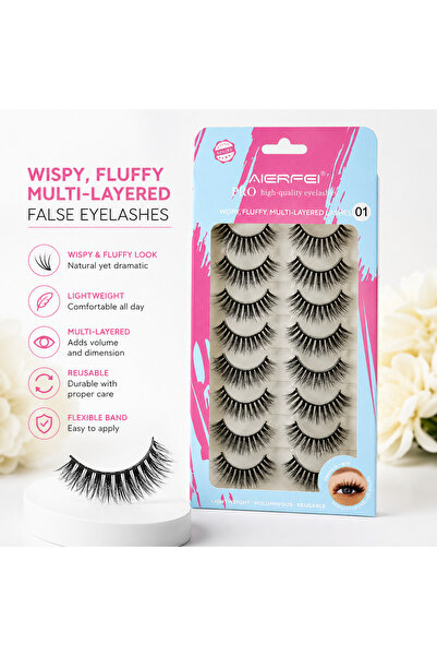 aierfei False Eyelashes, 8 Pairs Wispy Fluffy Multi-Layered Reusable Fake Eye...